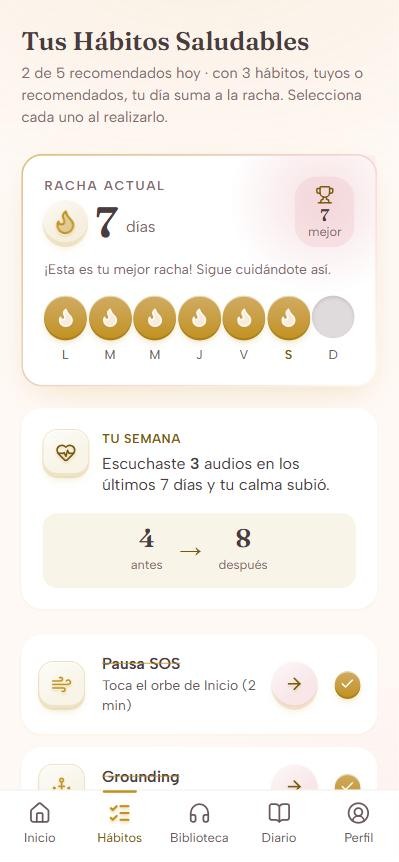 Hábitos de calma con la racha de 7 días y la semana completa