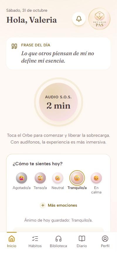 Inicio de Refugio PAS con el Orbe S.O.S., tu ánimo del día y la frase del día